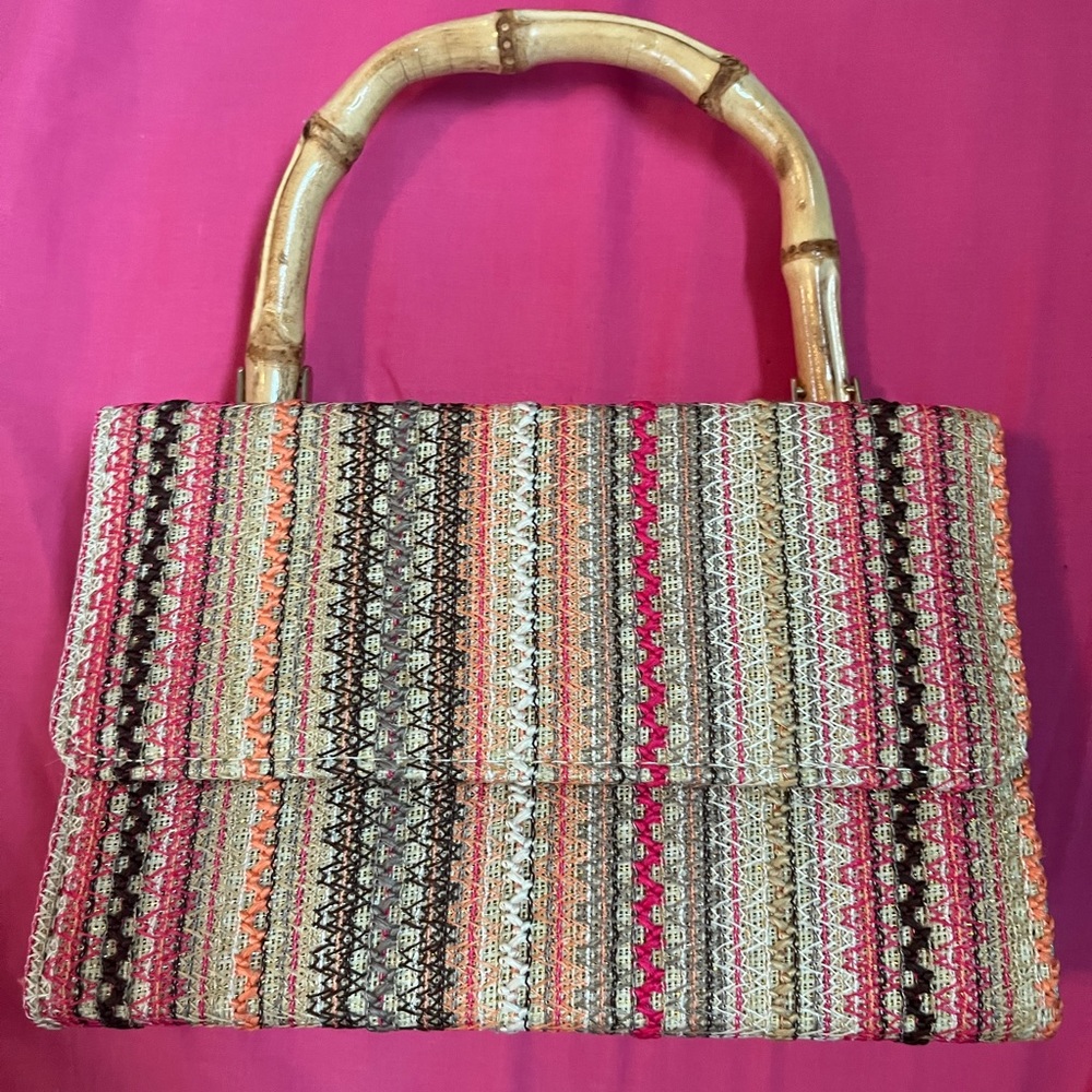 Small Handbag with Colorful Stripes and Wooden Handle